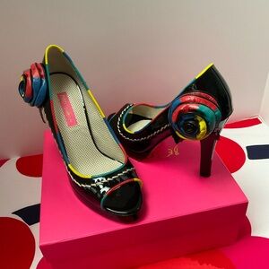 Betsey Johnson Black and Red Stiletto Heels with Peep-Toe